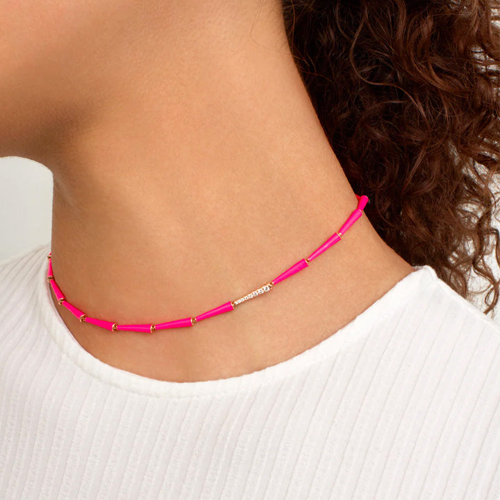Melissa Kaye 18K Gold Lola Neon Pink Enamel Linked Necklace