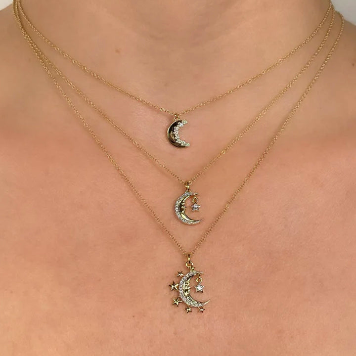 14K Yellow Gold Diamond Crescent Moon Necklace - SC55025738RD