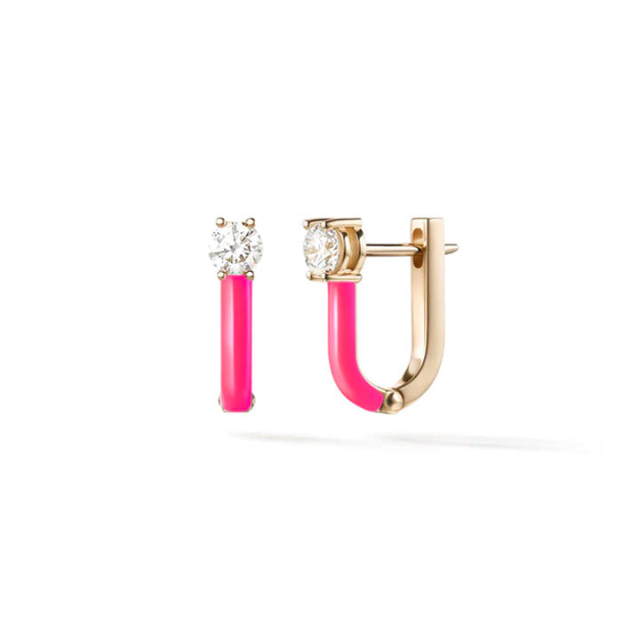 Melissa Kaye 18K Gold Aria U Huggie Neon Pink Enamel Hoop Earrings
