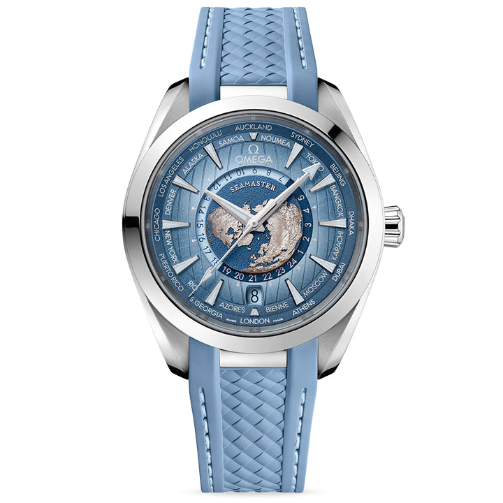 Omega Seamaster Aqua Terra 150M GMT World Timer 43mm Summer Blue on Strap - 220.12.43.22.03.002