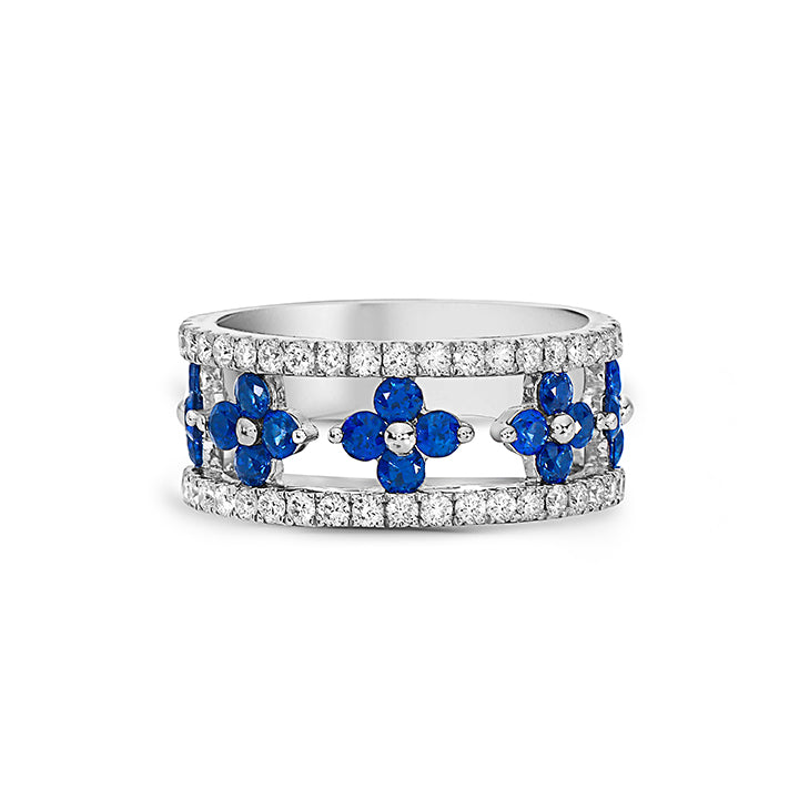 Charles Krypell 18K White Gold Blue Sapphire & Diamond Open Flower Air Ring- 3-9417-WBLUE
