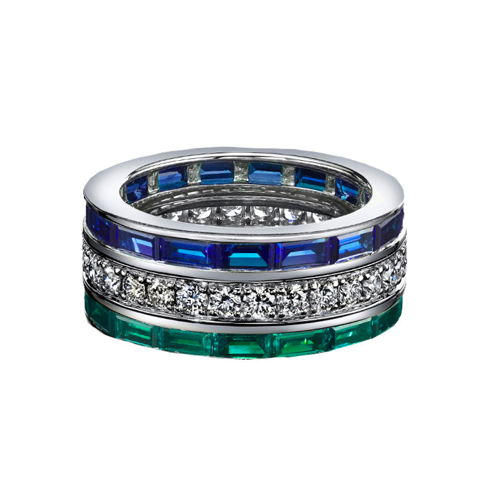 Robert Procop Platinum Emerald, Blue Sapphire & Diamond 3 Row Masterpiece Eternity Ring - 5534