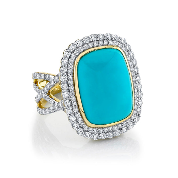 Sloane Street 18k Yellow Gold Turquoise Ring with Diamond Double Halo- SS-R105T-TQ-WDCB