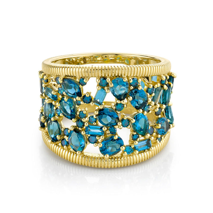 Sloane Street 18k Yellow Gold Blue Topaz & Blue Diamond Cluster Wide Ring- SS-R012H-LB-BD-Y