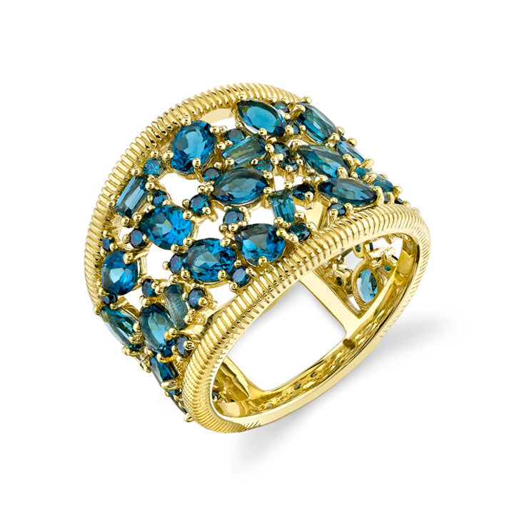 Sloane Street 18k Yellow Gold Blue Topaz & Blue Diamond Cluster Wide Ring- SS-R012H-LB-BD-Y