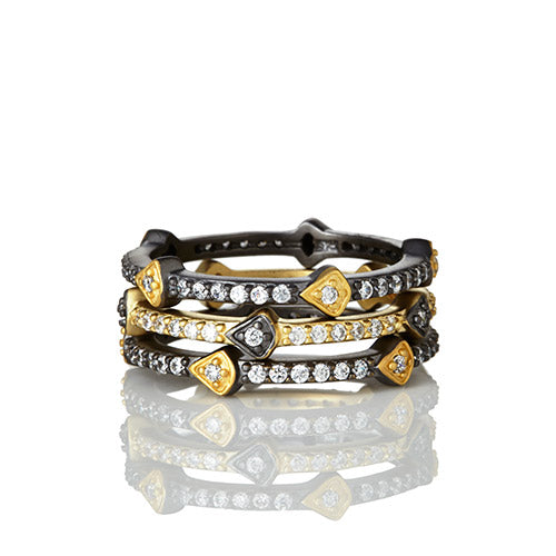Freida Rothman 14K Gold & Black Rhodium Plated Sterling Silver Ring With Hand Cut CZ Stones. Available In Sizes 5-9, Set Of 3 Rings.