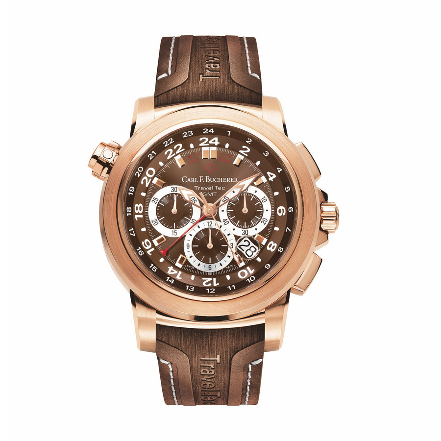 18K rose gold automatic with chronograph, three timezone display, date, COSC certified, round, 5atm/screw-down crown, dial: brown index, rubber strap