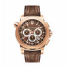 18K rose gold automatic with chronograph, three timezone display, date, COSC certified, round, 5atm/screw-down crown, dial: brown index, rubber strap