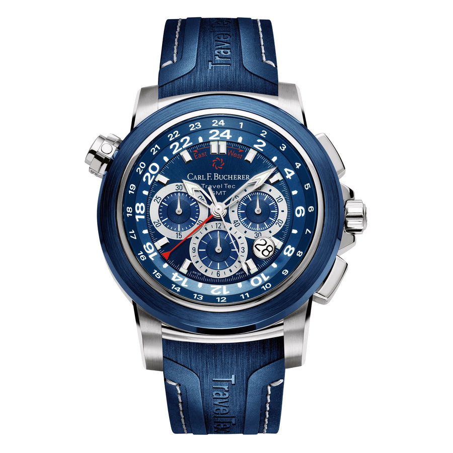 Stainless steel/ blue ceramic bezel, automatic with chronograph, three timezone display, date, COSC certified, round, 5atm/screw-down crown, dial: blue index, rubber strap