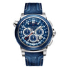 Stainless steel/ blue ceramic bezel, automatic with chronograph, three timezone display, date, COSC certified, round, 5atm/screw-down crown, dial: blue index, rubber strap