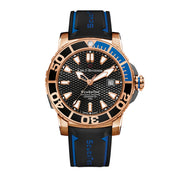 18K rose gold/tiatnium caseback and accents automatic with date, COSC certified, atomatic helium release valve, 18K rose gold/ceramic bezel, round, 50atm/screw-down crown, dial: black index, rubber strap
