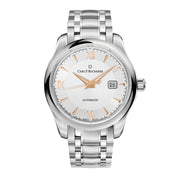 Stainless steel automatic with date, round, 3atm, dial: silver, gold roman numerals, bracelet stainless steel