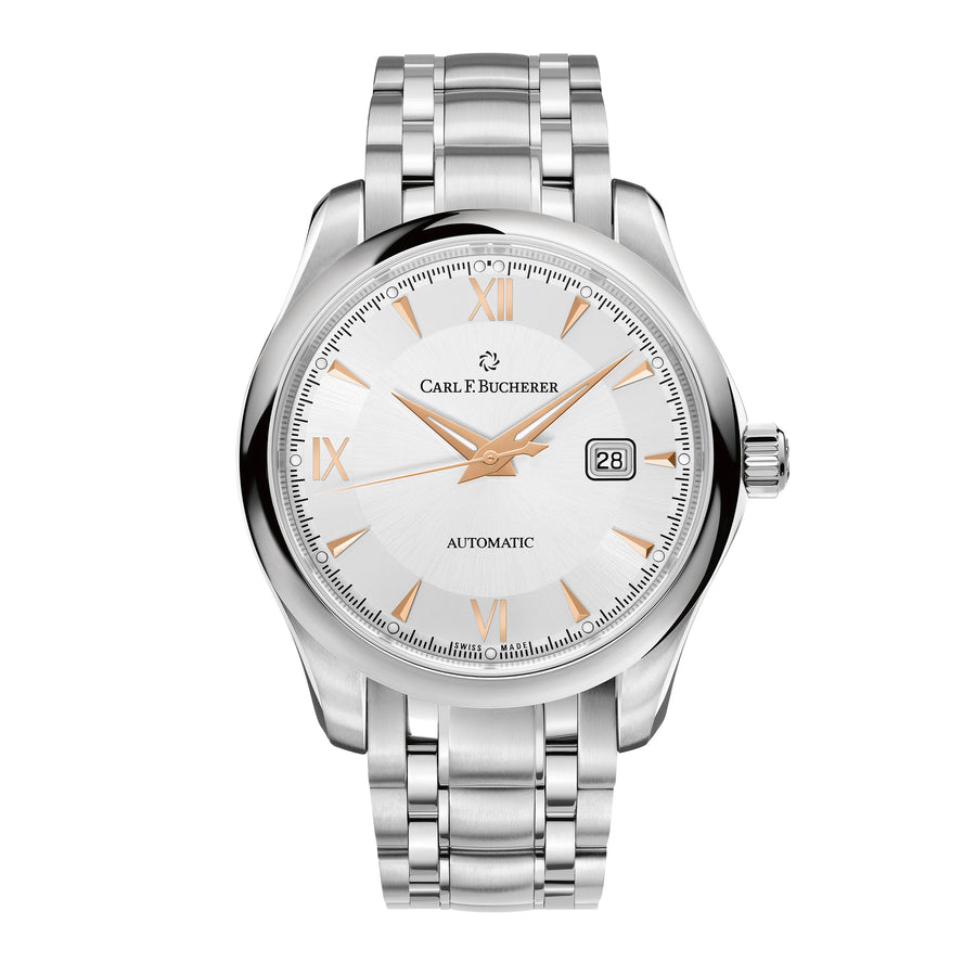 Stainless steel automatic with date, round, 3atm, dial: silver, gold roman numerals, bracelet stainless steel
