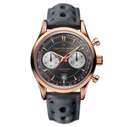 18K rose gold automatic with chronograph, flyback, date, round, 3atm, dial: black with silver subdials index, kudu leather strap
