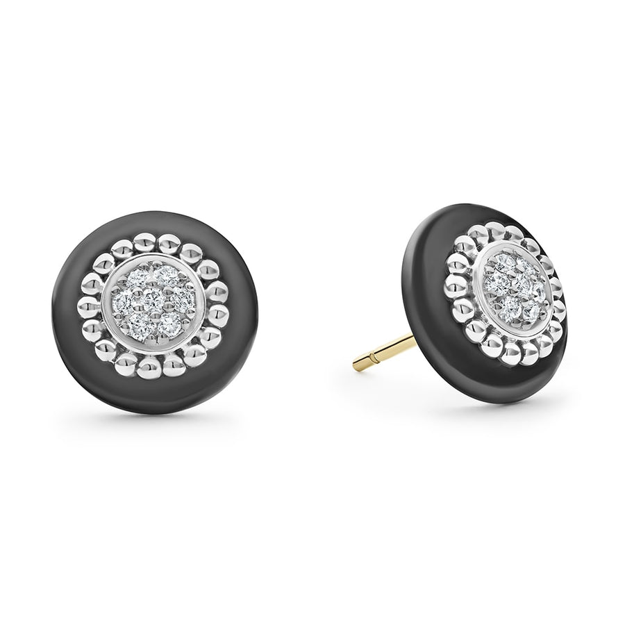 Sterling silver black caviar and black ceramic with diamonds stud earrings. Finished with 14K gold post backing. LAGOS diamonds are the highest quality natural stones.-Sterling Silver-0.2 Carat-14K Gold Post-Diameter 12mm-STYLE #: 01-81878-CB