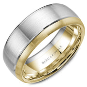 A wedding band in white gold with a brushed center, line detailing and a yellow gold edge. This ring is available in 14K, 18K (White, Yellow & Rose gold), Platinum 950 & Palladium, please call for pricing.