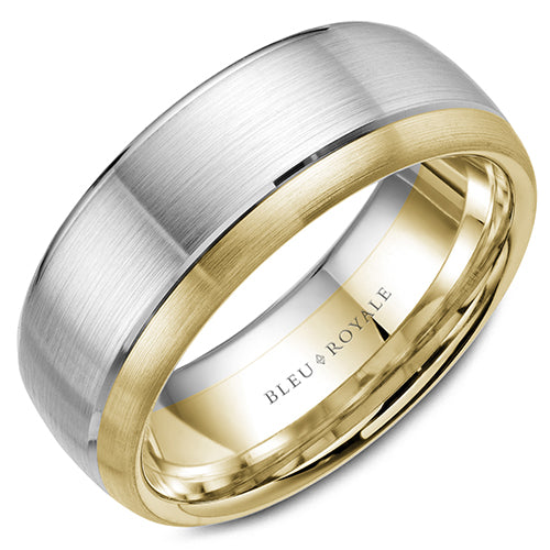 A wedding band in white gold with a brushed center, line detailing and a yellow gold edge. This ring is available in 14K, 18K (White, Yellow & Rose gold), Platinum 950 & Palladium, please call for pricing.