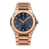 An elegant timepiece will never fail to convey sophistication and style- and this timepiece from Hublot brings you just that. This Gents watch can definitely be an awe-striking piece once you lay eyes upon it. With a Polished bezel, this rarity represents thorough craftsmanship. The Rose gold case that encloses this  pieces  mechanism is also proof of the quality that comes from this stylish item. The contrasting Blue dial color adds a pronounced sense of luxury. Also important to note is the Sc