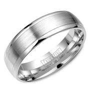 A white gold wedding band with a brushed center.