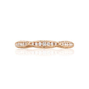 Our Classic Crescent Collection Ladies band has been reimagined in rose gold. With a daintier foundation for a bigger diamond look and crescents with milgrain beading twisting and turning; this band is pure perfection.