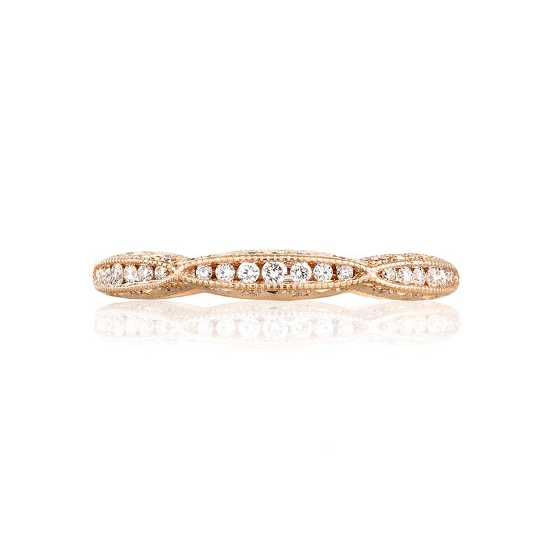 Our Classic Crescent Collection Ladies band has been reimagined in rose gold. With a daintier foundation for a bigger diamond look and crescents with milgrain beading twisting and turning; this band is pure perfection.