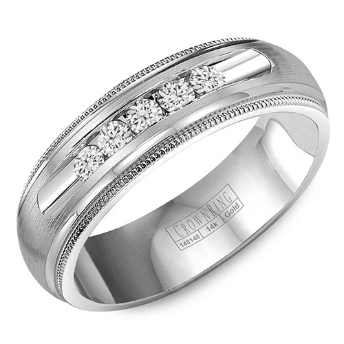 A wedding band with milgrain detailing, a brushed center and five round channel set diamonds.