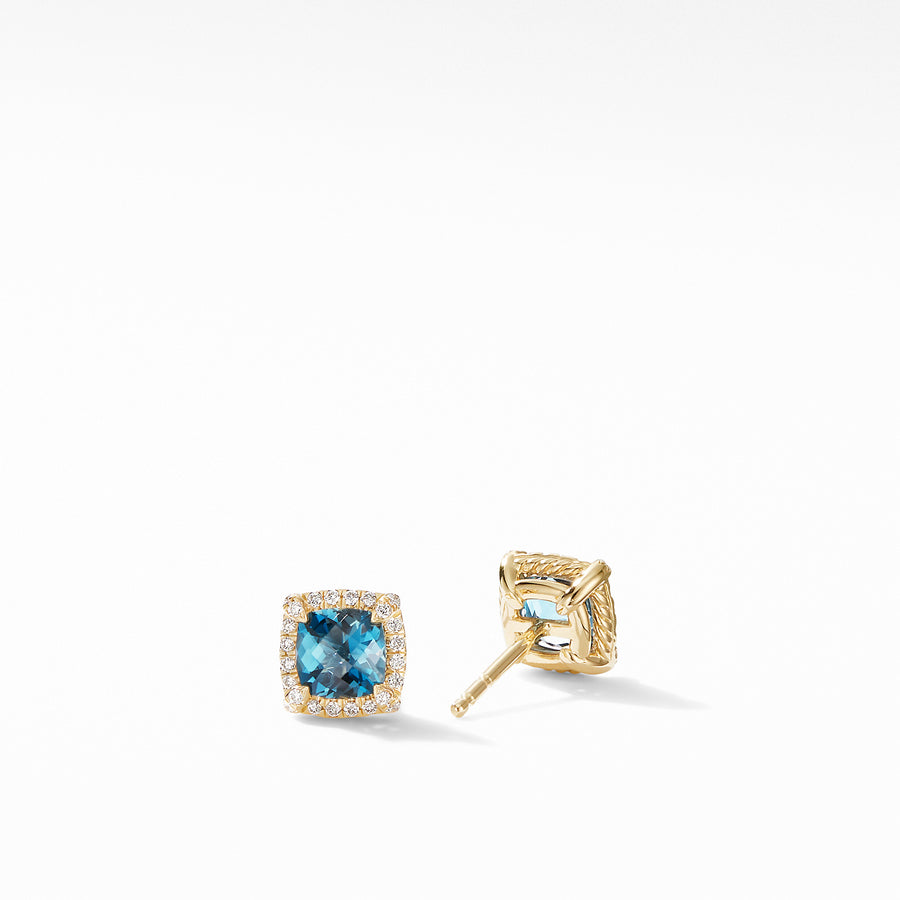 David Yurman Petite Chatelaine Pave Bezel Stud Earrings in 18k Gold with Hampton Blue Topaz- E14986D88AIBDI