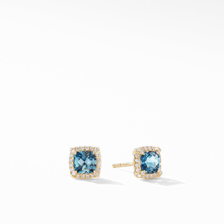 Petite Chatelaine? Pav? Bezel Stud Earrings in 18K Yellow Gold with Hampton Blue Topaz