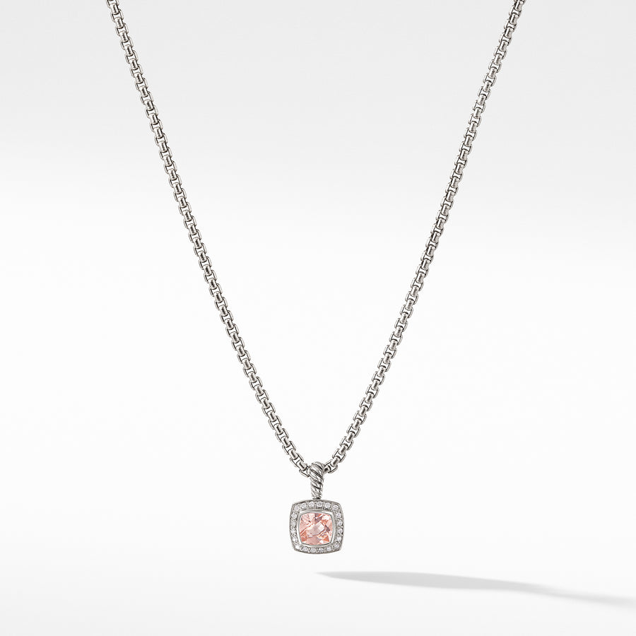 Sterling silver ��� Faceted morganite, 7x7mm, Pav? diamonds, 0.17 total carat weight,  ��� Baby box chain, 1.7mm wide ��� Pendant, 11x11mm ��� Lobster clasp-