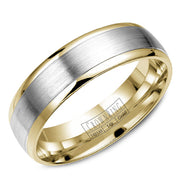A wedding band in yellow gold with a brushed white gold center.