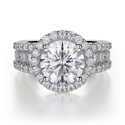 This immaculate Michael M engagement ring is displayed with a stunning round shaped center diamond (not included at time of purchase), and can fit an array of diamonds ranging in size from 1.85 carats to 2.10 carats.