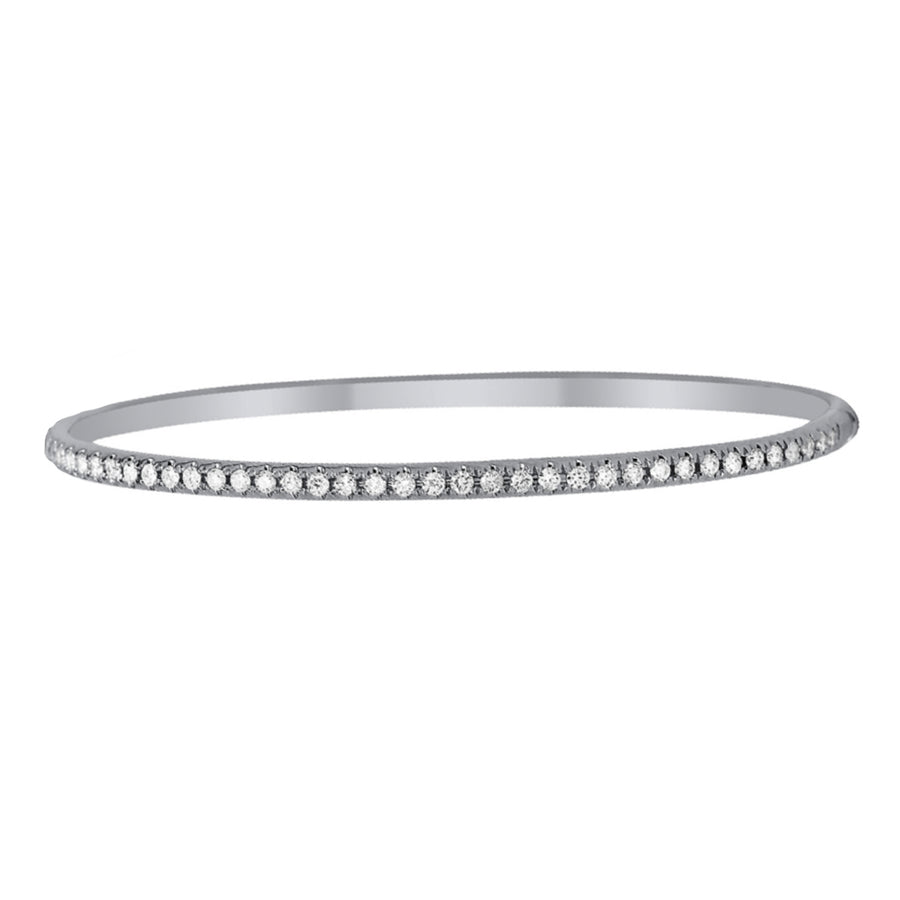 A beautiful, classic diamond bangle that you can add to any stack bracelet look. This gorgeous white gold bracelet has 1.00ctw diamonds that are G-H in color, SI in clarity glimmering from the top side of the bangle. Pair this striking design with another diamond bracelet from Moyer!