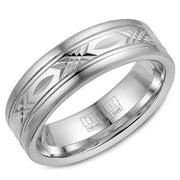 A white gold wedding band with a patterned center.