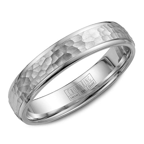 A white gold wedding band with a hammered center.