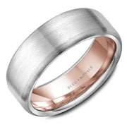 A brushed white gold wedding band with a rose gold inlay. This ring is available in 14K, 18K (White, Yellow & Rose gold), Platinum 950 & Palladium, please call for pricing.