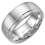 A wedding band in white gold with a brushed center and line detailing. This ring is available in 14K, 18K (White, Yellow & Rose gold), Platinum 950 & Palladium, please call for pricing.