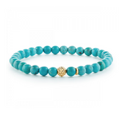 Smooth turquoise gemstone bracelet with an 18K gold Caviar beaded station. The stretch fit accommodates most wrist sizes. Turquoise gemstones from 5 to 6mm are natural and colors may vary from the image.- 18K Gold- Accommodates Most Wrist Sizes- STYLE #: 05-10262-TM