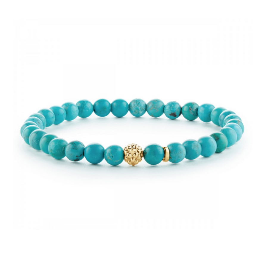 Smooth turquoise gemstone bracelet with an 18K gold Caviar beaded station. The stretch fit accommodates most wrist sizes. Turquoise gemstones from 5 to 6mm are natural and colors may vary from the image.- 18K Gold- Accommodates Most Wrist Sizes- STYLE #: 05-10262-TM