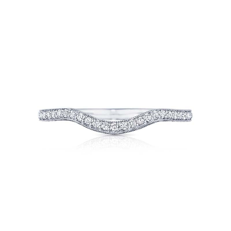Wave hello to our newest wedding band shape; sure to fit the Tacori Bride whos looking for a unique and unconventional twist to the traditional wedding band. Pav? set diamonds curve halfway round a platinum and diamond band. 