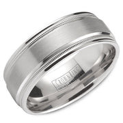 A wedding band in white gold with a brushed center and milgrain detailing.