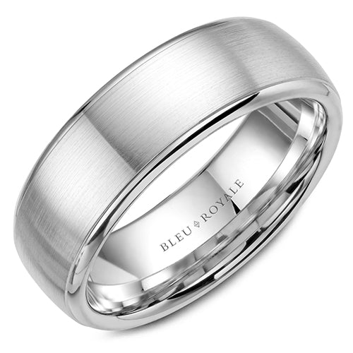 A brushed white gold wedding band with polished edges. This ring is available in 14K, 18K (White, Yellow & Rose gold), Platinum 950 & Palladium, please call for pricing.