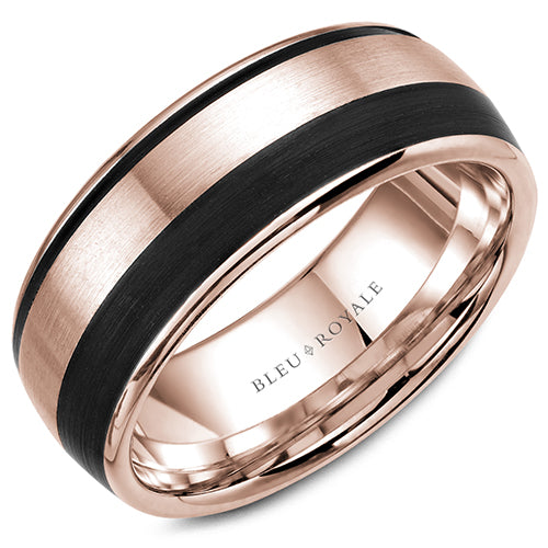 A brushed rose gold wedding band with black carbon accents. This ring is available in 14K, 18K (White, Yellow & Rose gold), Platinum 950 & Palladium, please call for pricing.