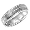 A white gold wedding band with a brushed center and line detailing.