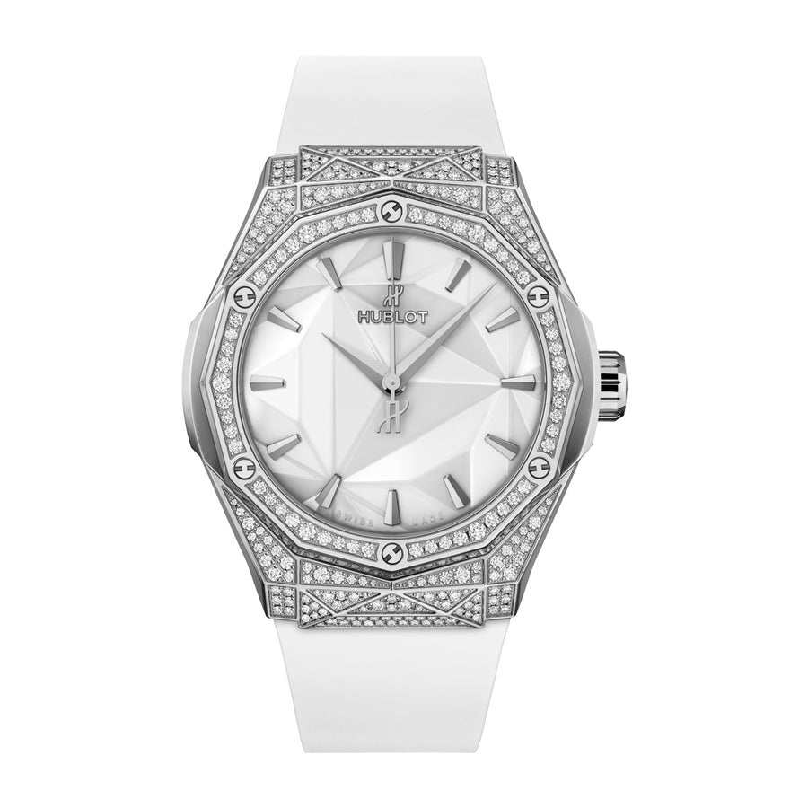 CLASSIC FUSION40 MMAUTOMATIC CHRONOGRAPH Case : Polished Titanium Set with 210 Diamonds totaling ~1.00ctBezel : Polished Titanium Set with 54 Diamonds totaling ~0.6ct 6 H-shaped Titanium ScrewsDial : Polished Faceted WhiteStrap : White Smooth Rubber Straps