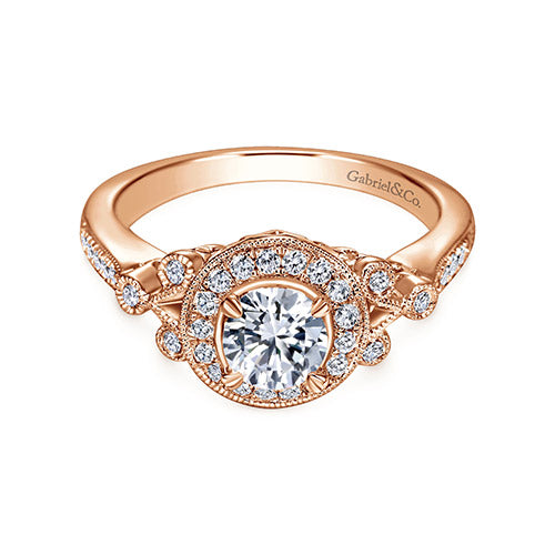 14k Rose Gold Round Halo 0.27 ct Diamond Engagement Ring with width of 9.16 mm, thickness of 5.91 mm band width of 1.82 mm and size of 6.50 from the Contemporary Collection. *Center Stone not included*