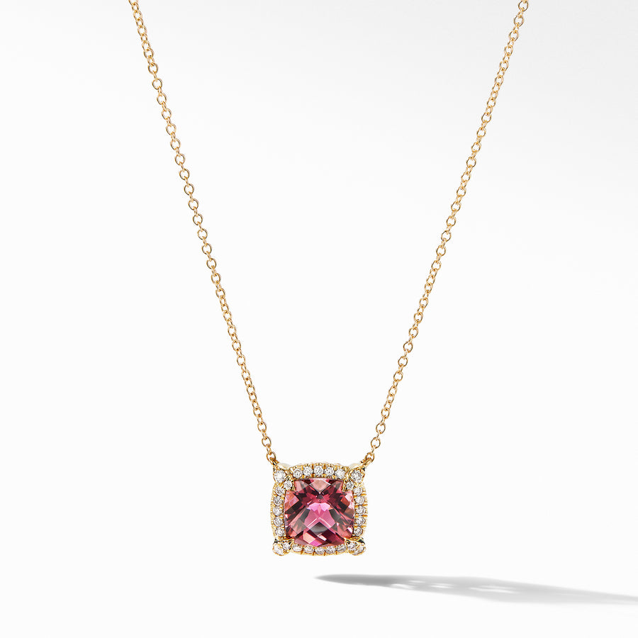 Petite Chatelaine? Pav? Bezel Pendant Necklace in 18K Yellow Gold with Pink Tourmaline
