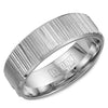 A white gold wedding band with a bark finish.
