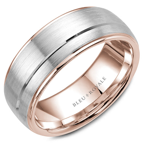 A wedding band in rose gold with a brushed white gold center and line detailing. This ring is available in 14K, 18K (White, Yellow & Rose gold), Platinum 950 & Palladium, please call for pricing.