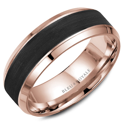 A rose gold wedding band with a black carbon center and beveled edges. This ring is available in 14K, 18K (White, Yellow & Rose gold), Platinum 950 & Palladium, please call for pricing.