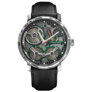 With Accutron's Spaceview 2020, time has just changed --- again. This luxury watch for men re-imagines what a timepiece can be with the proprietary electrostatic movement, unique to the Accutron line, an intricately engineered motor and turbine system that generates power. And it isn't shy about showing it off, with its signature open-face dial in smokey grey and eye-catching Accutron-green accents. It further shows off its style with white hour and minute hands and an orange second hand, with a